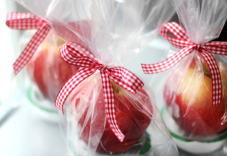 Caramel apple dip gift pack! A quick and easy gift idea! Wrap up your favorite variety of apple with a package of caramel dip! Tie with a gingham bow for a beautiful (and simple) gift idea this fall.