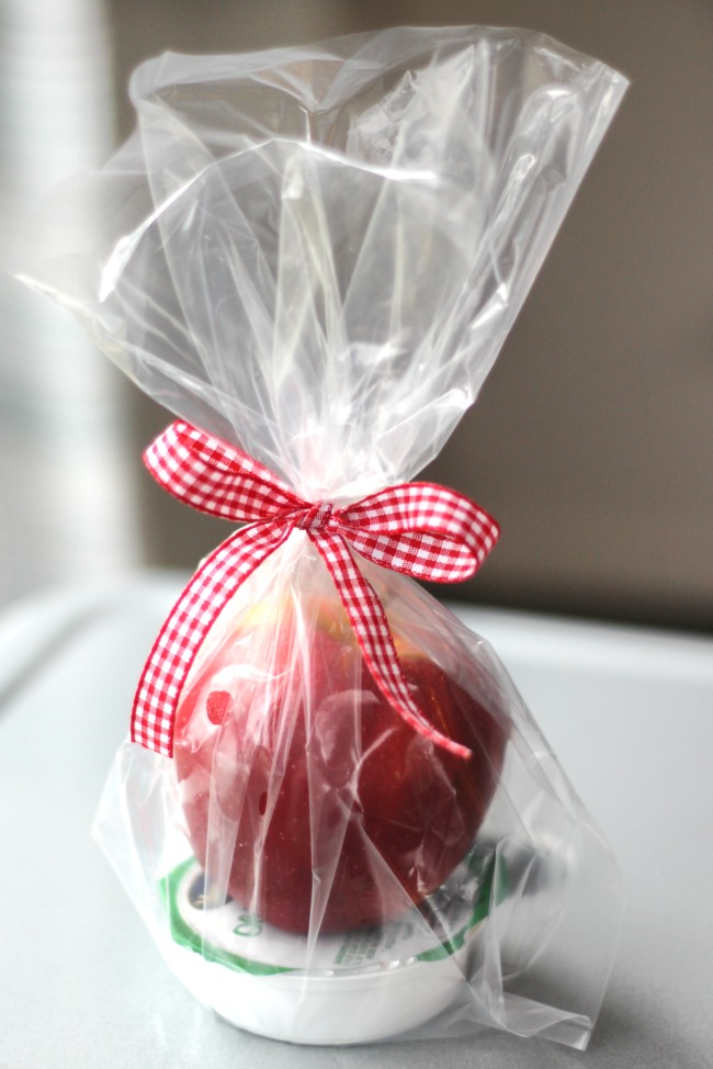 Caramel apple dip gift pack! A quick and easy gift idea! Wrap up your favorite variety of apple with a package of caramel dip! Tie with a gingham bow for a beautiful (and simple) gift idea this fall.