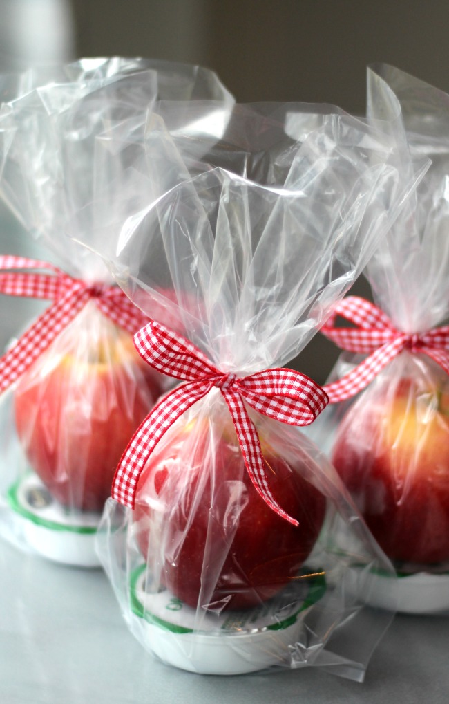 Caramel apple dip gift pack! A quick and easy gift idea! Wrap up your favorite variety of apple with a package of caramel dip! Tie with a gingham bow for a beautiful (and simple) gift idea this fall.