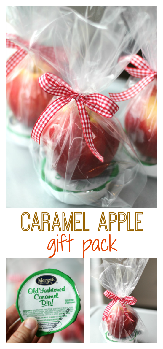 Caramel apple dip gift pack! A quick and easy gift idea! Wrap up your favorite variety of apple with a package of caramel dip! Tie with a gingham bow for a beautiful (and simple) gift idea this fall.