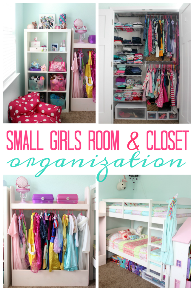 I'm excited to be sharing a few girls room organization tips! This tiny room fits two girls, their clothing, and all of their toys in one tiny little space