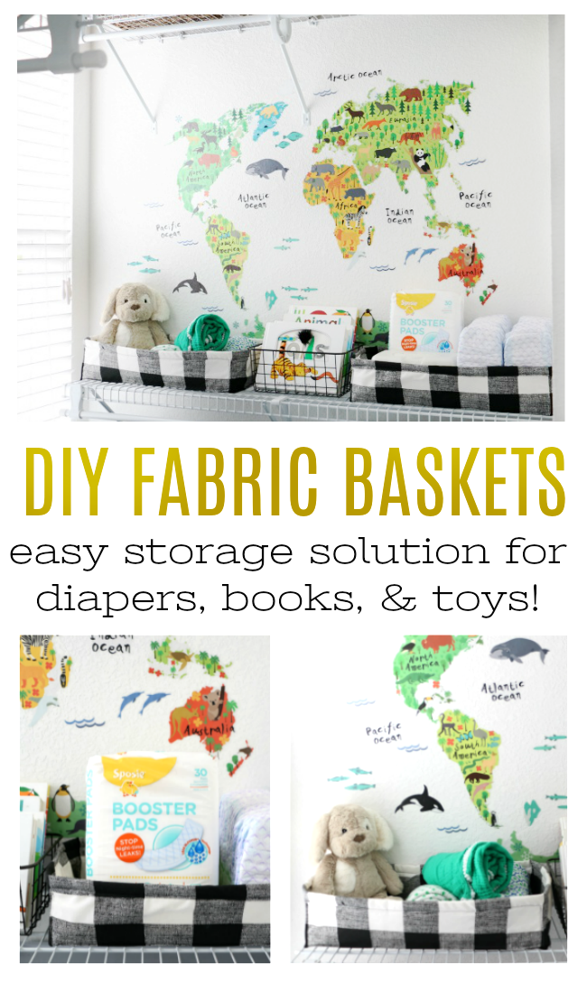 These DIY fabric baskets are perfect for nursery storage for diapers, wipes, toys, and books! Would also be great as storage in an office or even used as gift baskets!