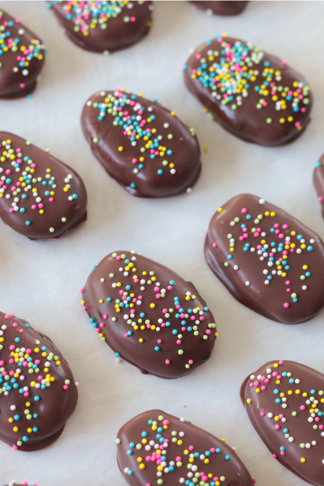 peanut butter eggs on baking sheet