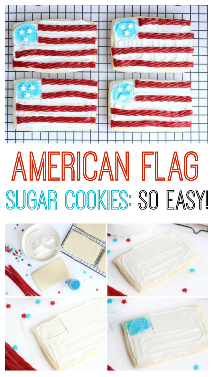 These flag sugar cookies are so easy to make with rectangle cookies and red licorice! Planning a BBQ for Memorial Day or the 4th of July? Don't forget a sugar cookies station for the kids! 