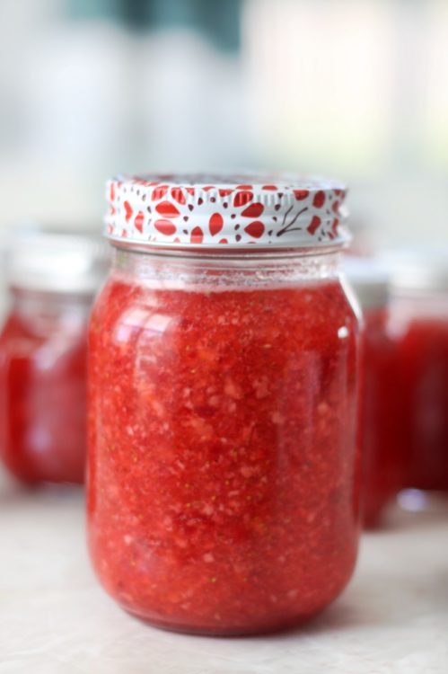 jar of strawberry freezer jam