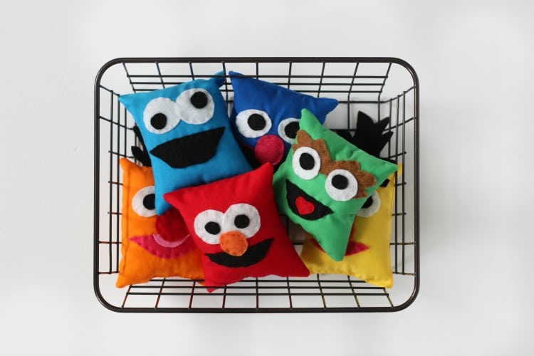 basket of sesame street themed bean bags