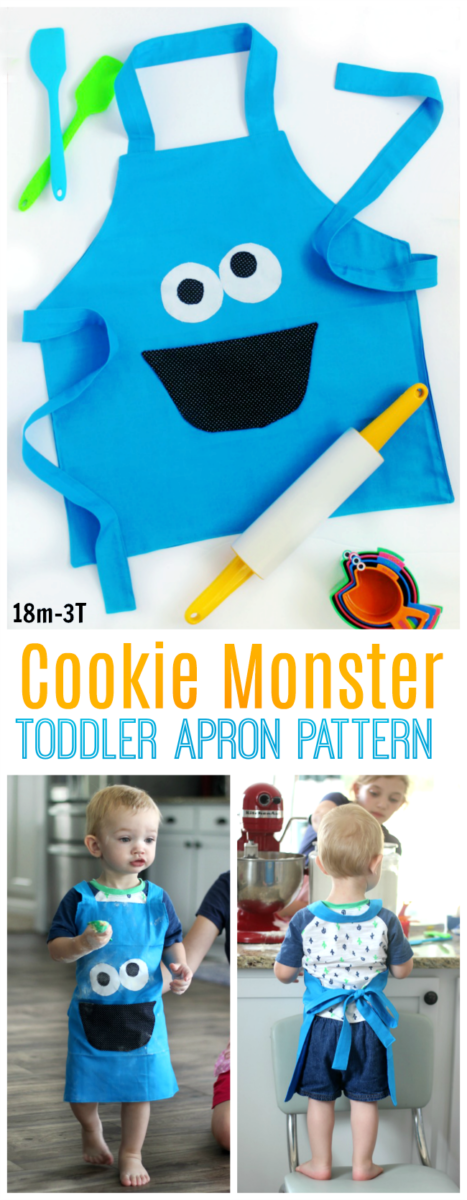 Make a Cookie Monster apron for a toddler using this quick and easy apron pattern! There's even a pocket to keep a measuring spoon...or a cookie! It's Cookie Monster's mouth!