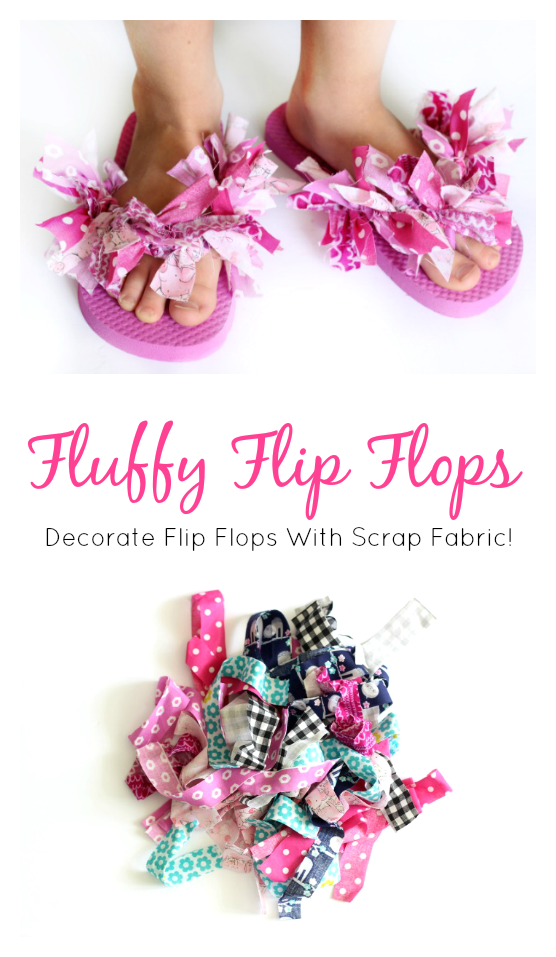 pair of fluffy flip flops and pile of scrap fabric