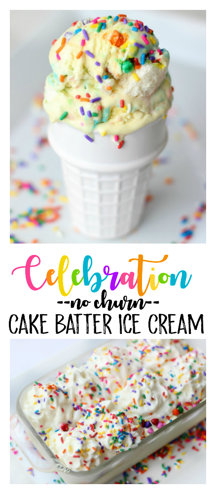 Cake batter ice cream is absolutely delicious and this no churn variety comes together in just minutes. Loaded with sprinkles it is the perfect ice cream for any celebration!