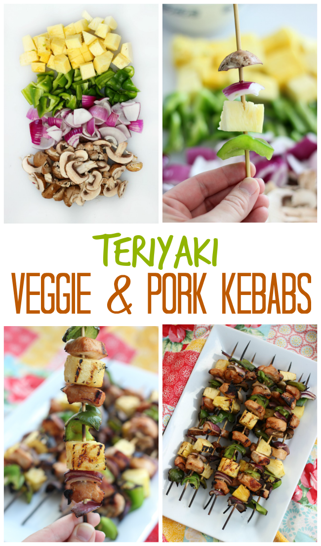 Veggie and pork kebabs in 30 minutes! Marinated pork chops and fresh veggies are grilled to perfection for this quick and easy summertime meal!
