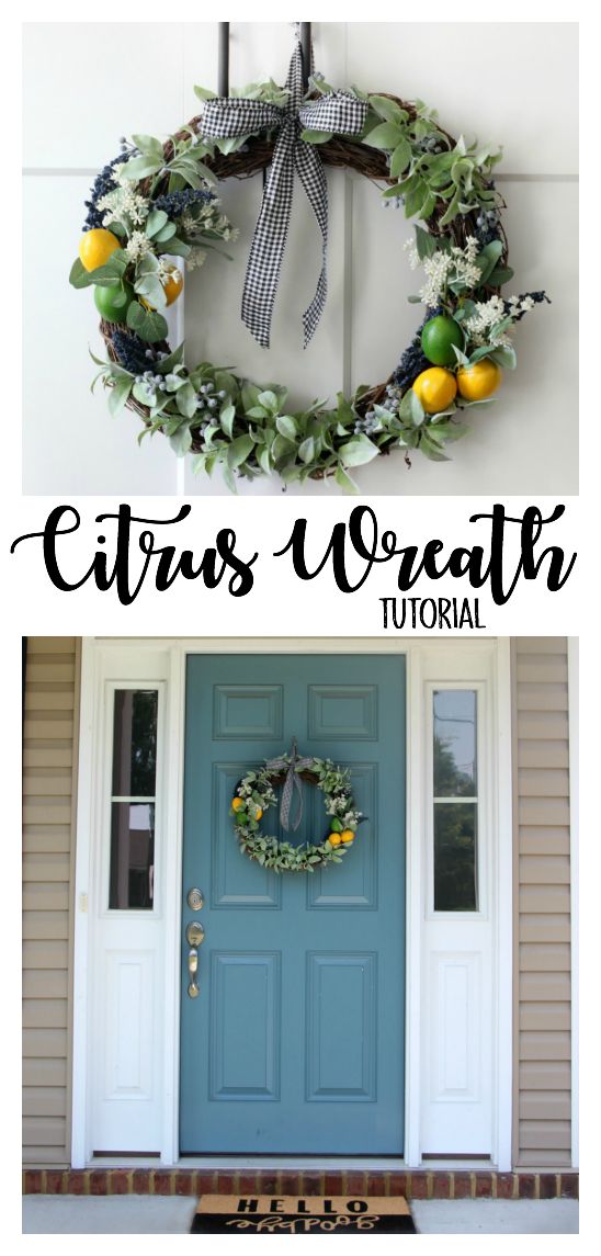 Bright pops of citrus, greenery and gingham combine for an adorable & easy citrus wreath to make this summer!