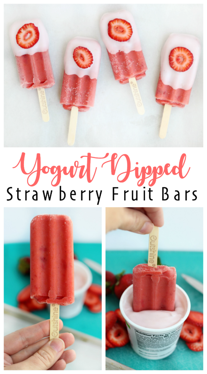 These real strawberry fruit bars are dipped in low-fat strawberry banana yogurt and topped with a fresh strawberry slice. It's like a smoothie on a stick!