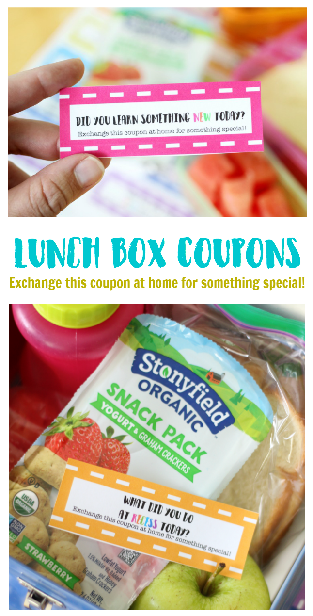 Make lunch time fun with these lunch box coupons! Each contains a thought-provoking question for your child to answer when they get home in exchange for a hug, high five or anything special you want to share with them!