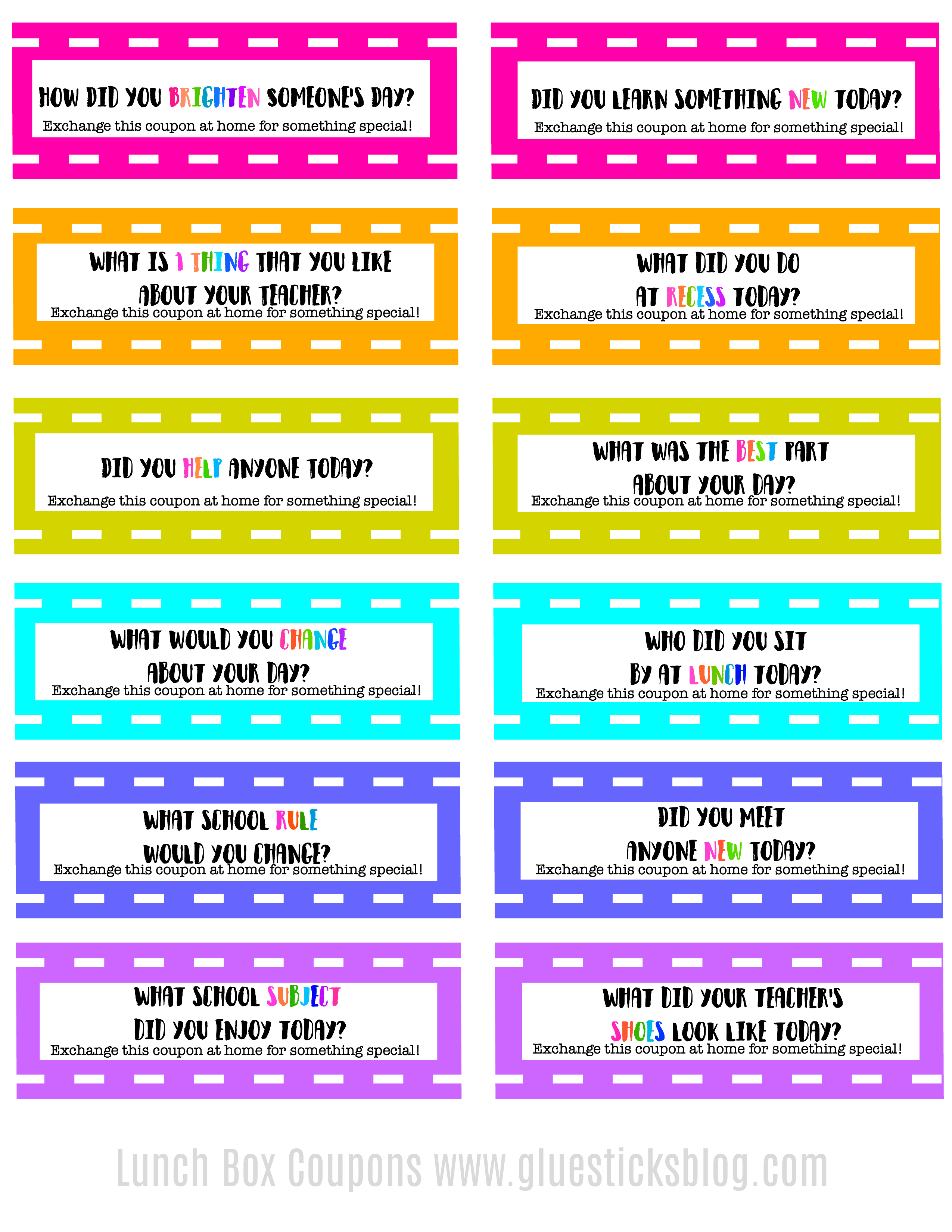 Make lunch time fun with these lunch box coupons! Each contains a thought-provoking question for your child to answer when they get home in exchange for a hug, high five or anything special you want to share with them!