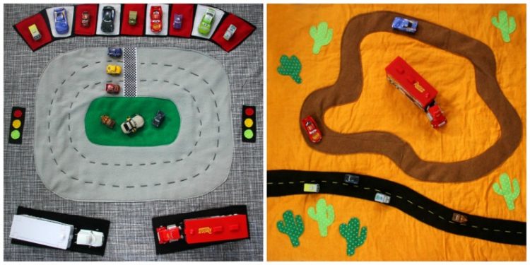 Make a race track play mat to inspire creative play in your home! This double sided mat is soft to sit on and folds up for easy storage. The perfect place to play with your favorite cars and trucks!