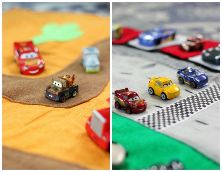 Make a race track play mat to inspire creative play in your home! This double sided mat is soft to sit on and folds up for easy storage. The perfect place to play with your favorite cars and trucks!