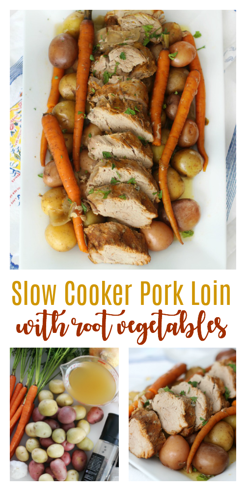A delicious marinated slow cooker pork tenderloin recipe with root vegetables that takes just 10 minutes to prepare! The perfect weeknight meal to come home to after a busy day!