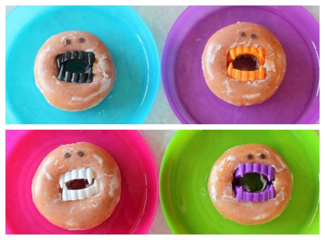 4 vampire donuts on colored plates