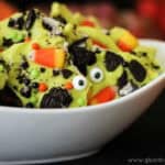 White bowl of Halloween bark.