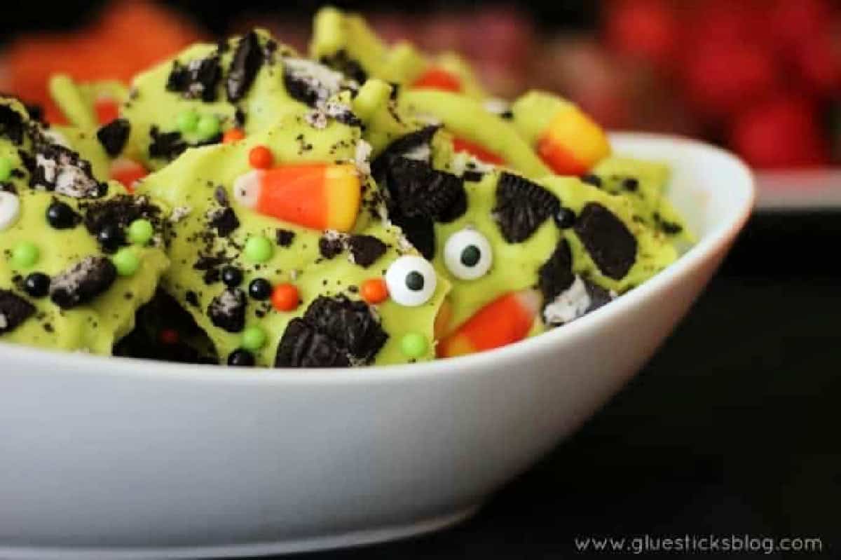 White bowl of Halloween bark.