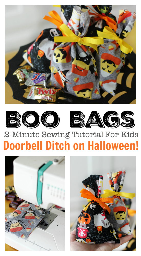These treat bags are easy to make and fun to fill with candy. Use them as mini BOO kits and doorbell ditch on Halloween! A 2-minute sewing tutorial!