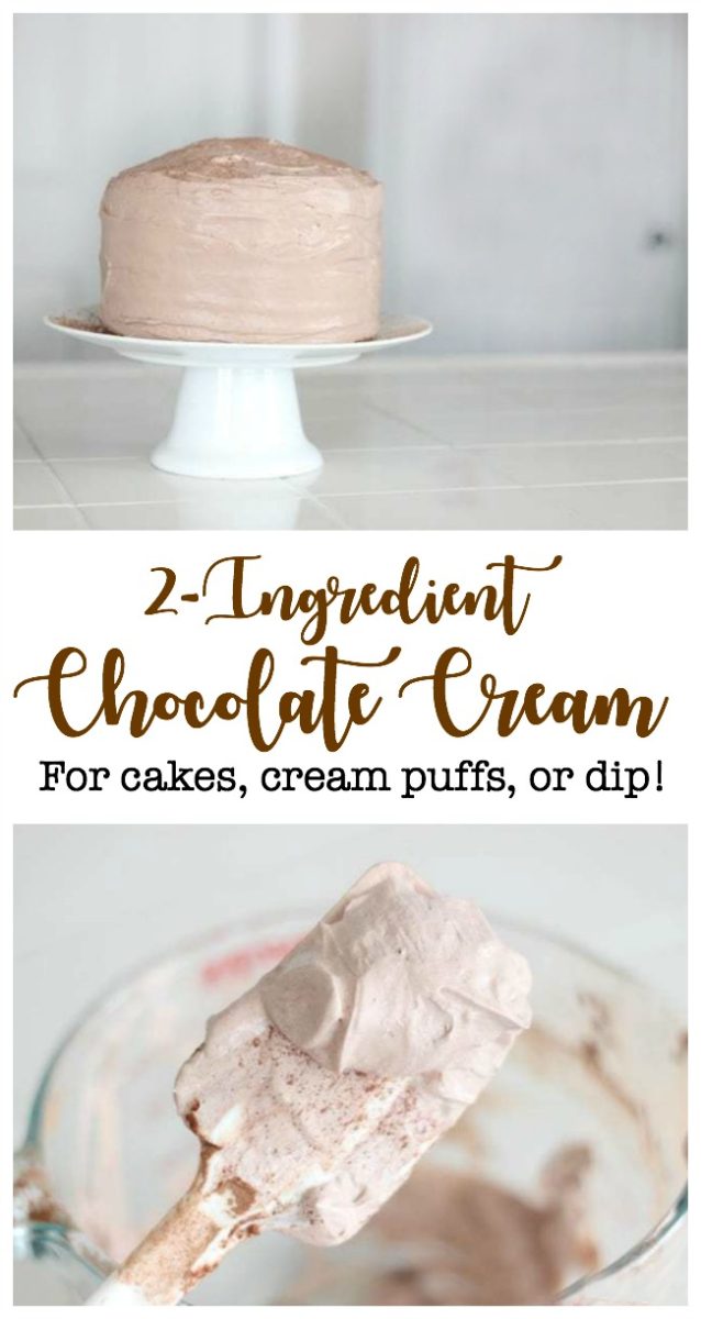 Two ingredient chocolate cream that is perfect as a frosting or filling! Use it with angel food cake, pound cake, inside cream puffs and more!