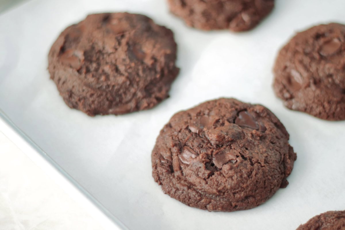 Baked pumpkin chocolate cookies on baking sheet.