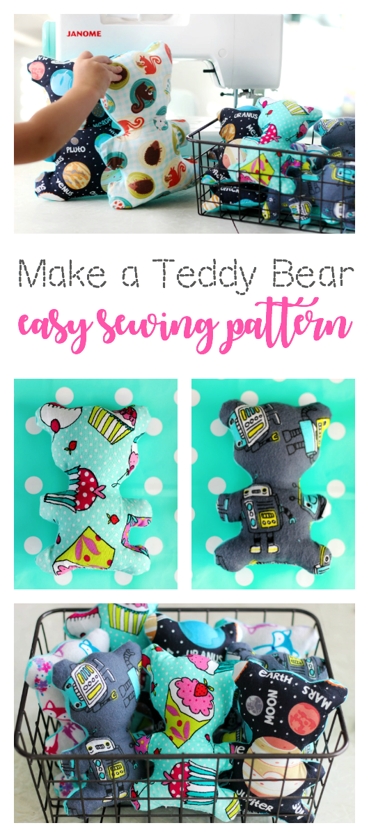 A quick and easy teddy bear pattern in two sizes! A great sewing project to make with kids, and perfect for Operation Christmas Child shoe boxes, too!  