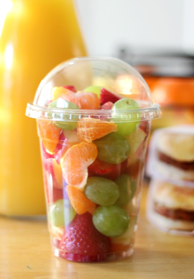 A hot breakfast sandwich and an on-the-go fruit cup! Eat individually or pair together for a hearty and quick on the go breakfast!