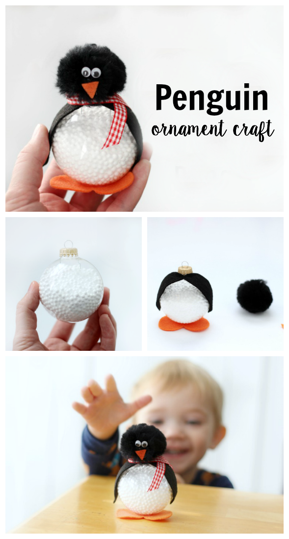 Make a darling penguin craft out of a clear ornament! Add a hanger to use during the holidays, or keep it on a shelf. Kids will love making these cute penguins this winter!