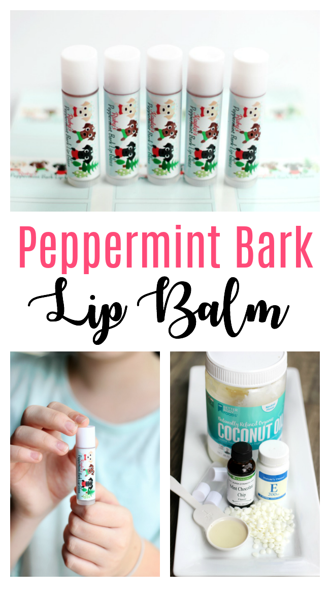 Peppermint bark scented homemade lip balm with cute holiday wrappers! An easy project for kids to help with and they make great holiday gifts!