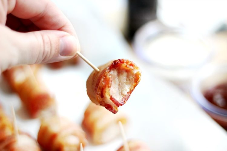These bacon wrapped pork loin bites are crispy and juicy, come together in 30 minutes and are a the perfect party appetizer!