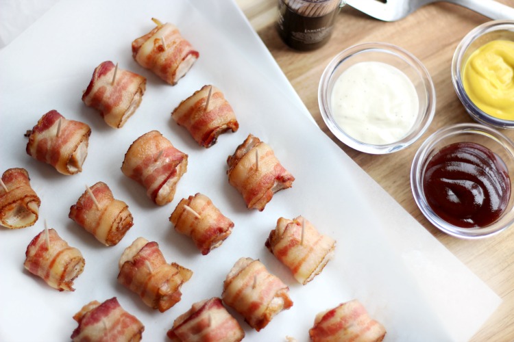 These bacon wrapped pork loin bites are crispy and juicy, come together in 30 minutes and are a the perfect party appetizer!