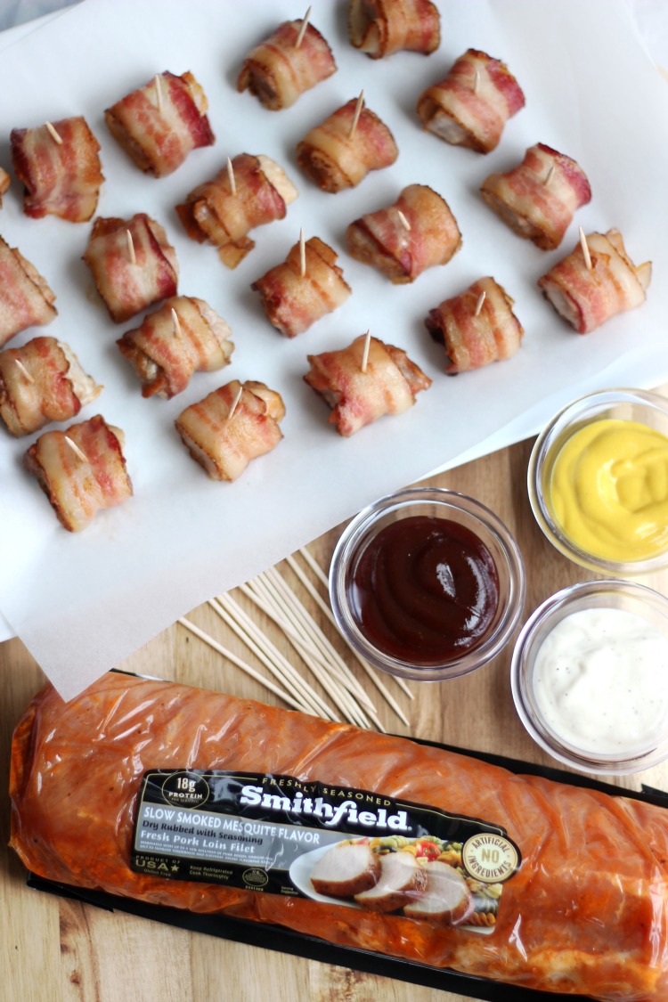 These bacon wrapped pork loin bites are crispy and juicy, come together in 30 minutes and are a the perfect party appetizer!