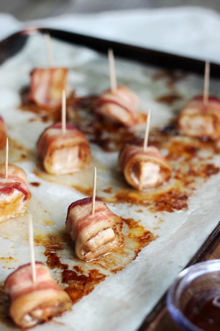 These bacon wrapped pork loin bites are crispy and juicy, come together in 30 minutes and are a the perfect party appetizer!