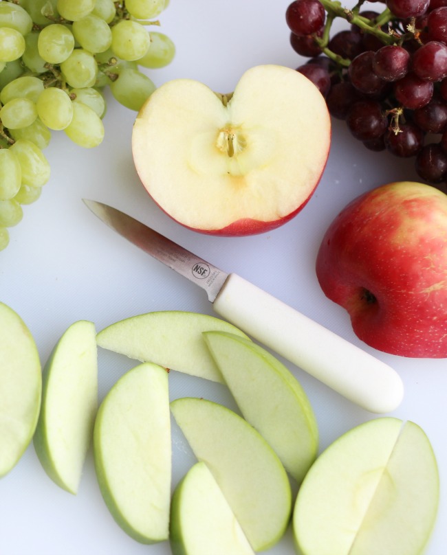 A simple and sweet chocolate dessert board with fruit! Perfect for a gathering! Strawberries, grapes, apples and two types of chocolate.