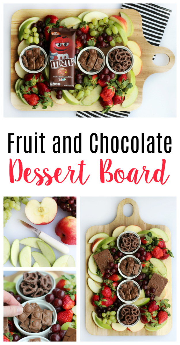 A simple and sweet chocolate dessert board with fruit! Perfect for a gathering! Strawberries, grapes, apples and two types of chocolate.