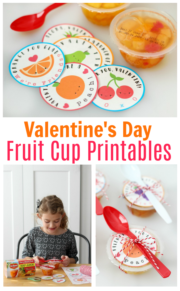 These fruit cups with printable Valentine labels are a nutritious non-candy option for lunches and classroom parties! "Valentine, you're a PEACH!"