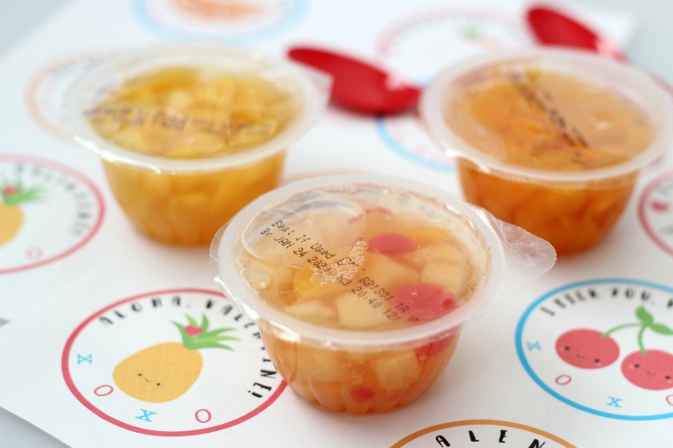 These fruit cups with printable Valentine labels are a nutritious, non-candy, option for lunches and classroom parties! "Valentine, you're a PEACH!"