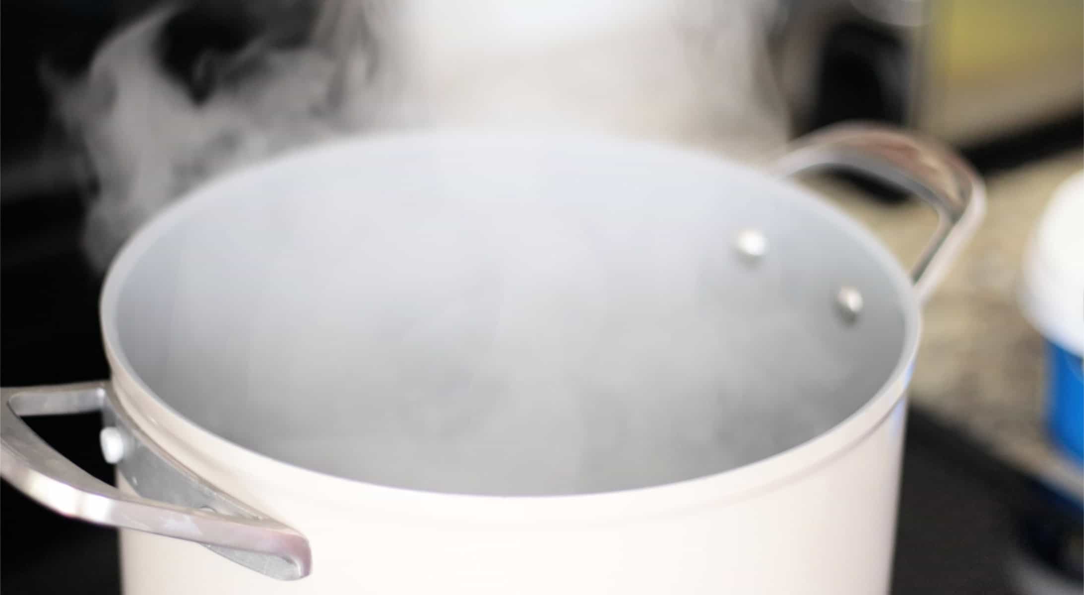 Pot of boiling water on stove.