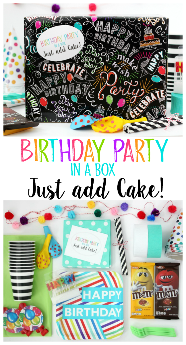 Send a friend a birthday party in a box this year. All they need to do is supply the cake! Comes with party decor, serving ware and a printable tag!