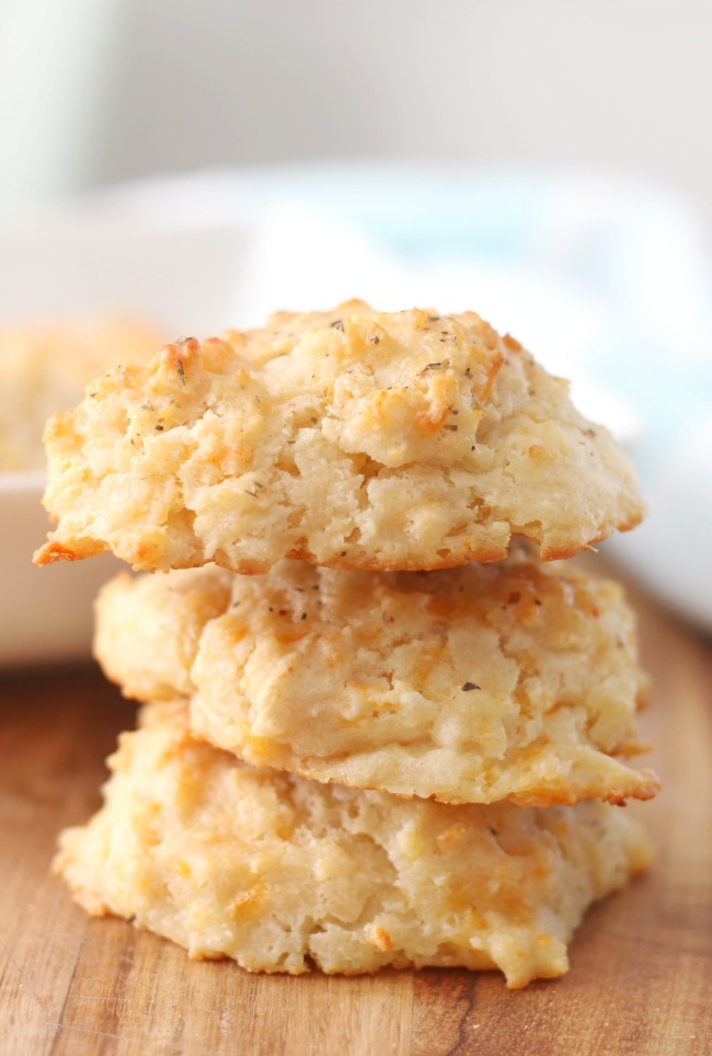 3 cheddar biscuits stacked together