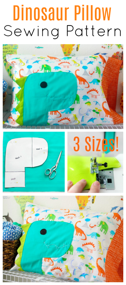 A free dinosaur pillowcase pattern available in travel, kid, or standard size! So cute and easy to customize. A great beginner sewing project.