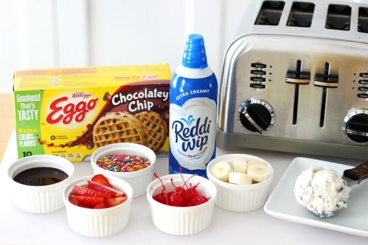 Kids will love making chocolate chip waffle sundaes! Set out a variety of toppings, a plate of your favorite waffles and let them have fun!