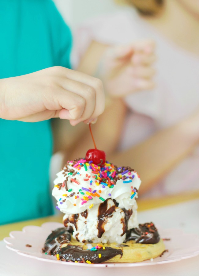 Kids will love making chocolate chip waffle sundaes! Set out a variety of toppings, a plate of your favorite waffles and let them have fun!