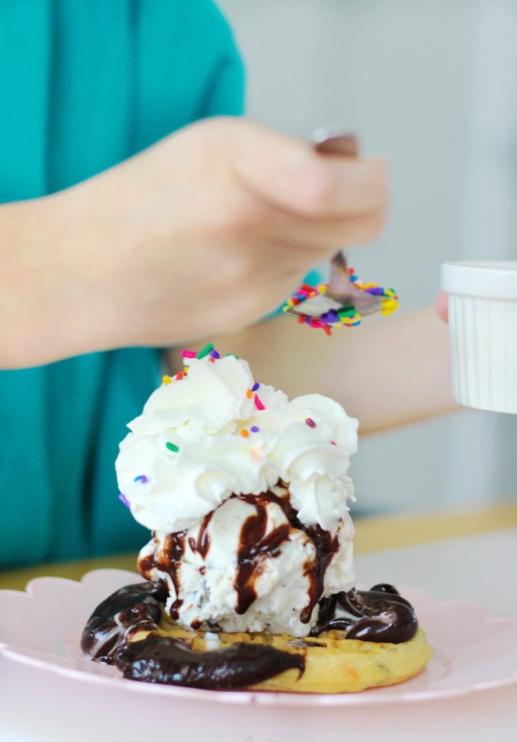 Kids will love making chocolate chip waffle sundaes! Set out a variety of toppings, a plate of your favorite waffles and let them have fun!