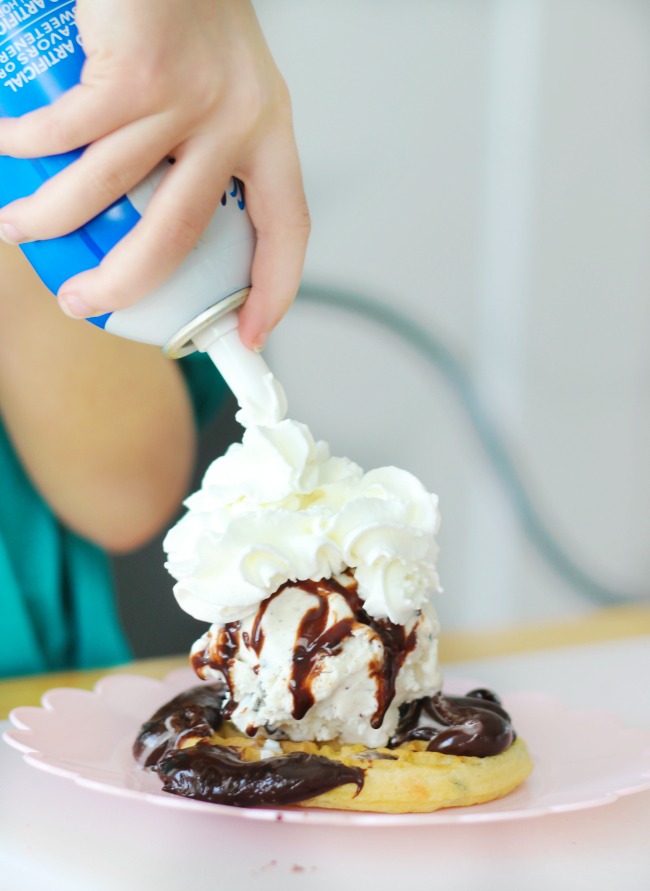 Kids will love making chocolate chip waffle sundaes! Set out a variety of toppings, a plate of your favorite waffles and let them have fun!
