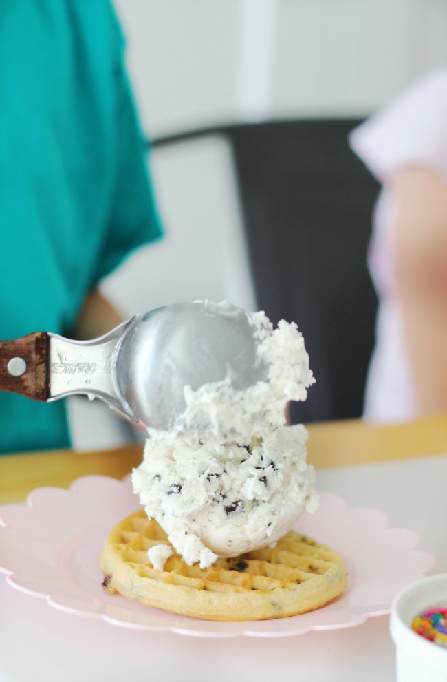 Kids will love making this chocolate chip waffle sundae! Set out a variety of toppings, a plate of your favorite waffles and let them have fun!