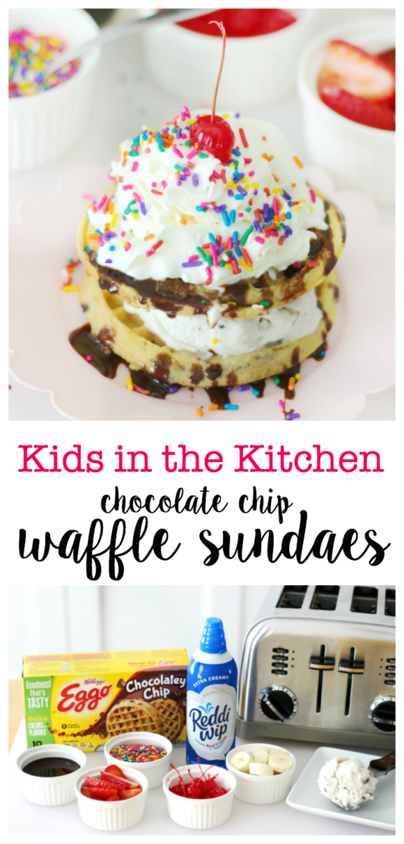 Kids will love making chocolate chip waffle sundaes! Set out a variety of toppings, a plate of your favorite waffles and let them have fun!