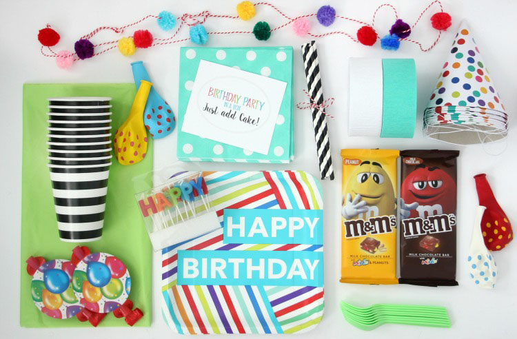 birthday box contents cups balloons napkins hats